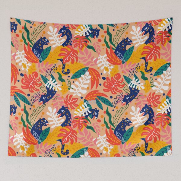 Item preview, Colorful Retro Exotic Tropical Animal Print Blue Cat Floral designed and sold by RetroMaggie.