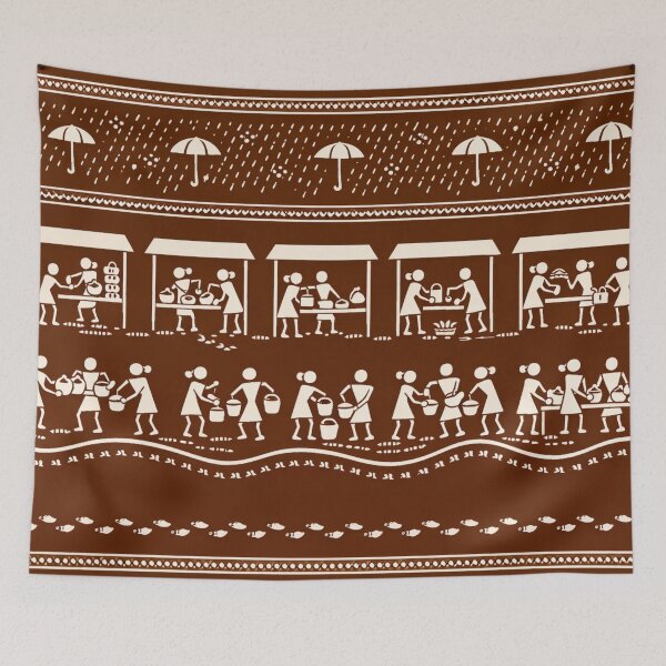 Item preview, Warli Monsoon Market Print – Folk Village Scene designed and sold by Planthem.