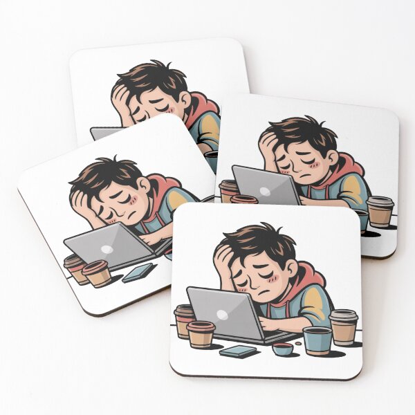 Item preview, Overworked and Overthinking – Tired Cartoon Character at Laptop designed and sold by Dospart.