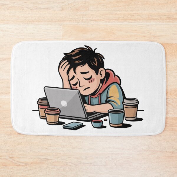 Item preview, Overworked and Overthinking – Tired Cartoon Character at Laptop designed and sold by Dospart.