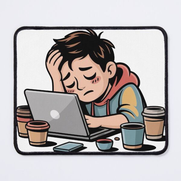 Item preview, Overworked and Overthinking – Tired Cartoon Character at Laptop designed and sold by Dospart.