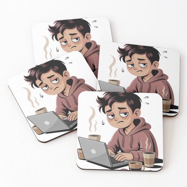 Item preview, Overworked and Overthinking – Tired Cartoon Character at Laptop designed and sold by Dospart.