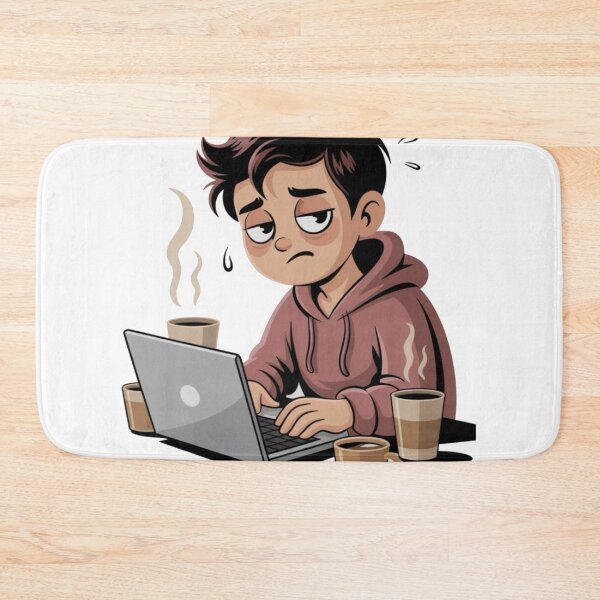 Item preview, Overworked and Overthinking – Tired Cartoon Character at Laptop designed and sold by Dospart.