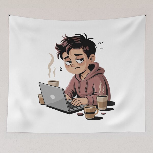 Item preview, Overworked and Overthinking – Tired Cartoon Character at Laptop designed and sold by Dospart.