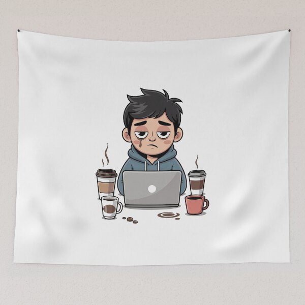 Item preview, Overworked and Overthinking – Tired Cartoon Character at Laptop designed and sold by Dospart.