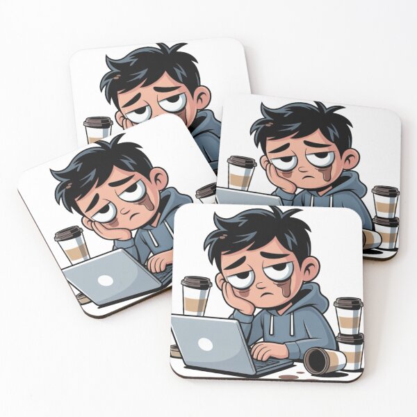 Item preview, Overworked and Overthinking – Tired Cartoon Character at Laptop designed and sold by Dospart.