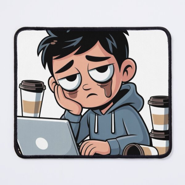 Item preview, Overworked and Overthinking – Tired Cartoon Character at Laptop designed and sold by Dospart.