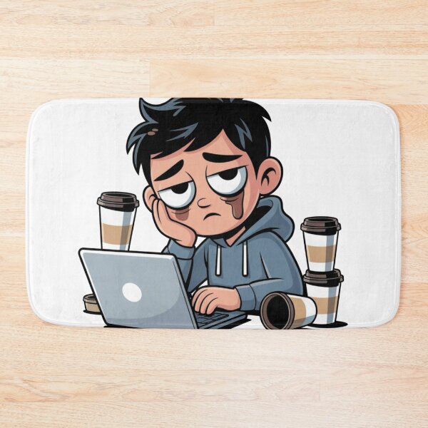 Item preview, Overworked and Overthinking – Tired Cartoon Character at Laptop designed and sold by Dospart.