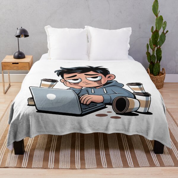Item preview, Overworked and Overthinking – Tired Cartoon Character at Laptop designed and sold by Dospart.