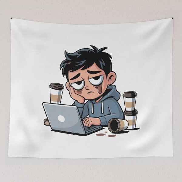 Item preview, Overworked and Overthinking – Tired Cartoon Character at Laptop designed and sold by Dospart.