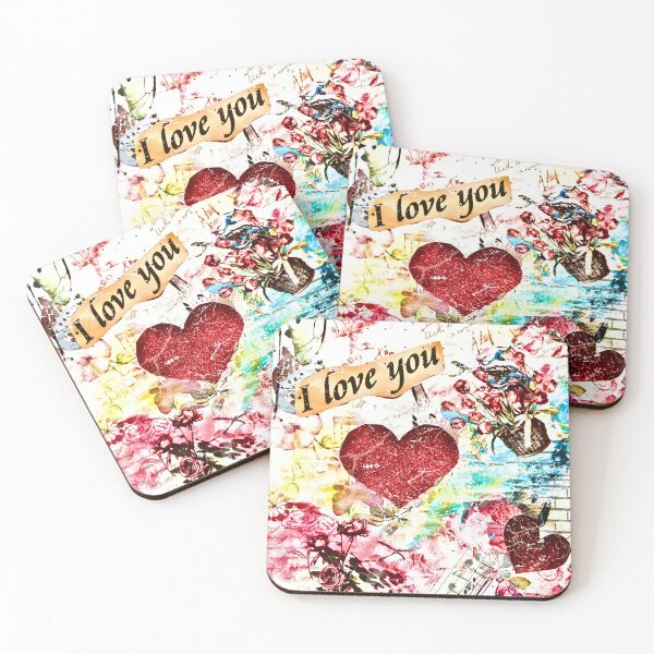 Item preview, I Love You – Romantic Mixed Media Collage Art with Hearts designed and sold by CharismaticMindArt.