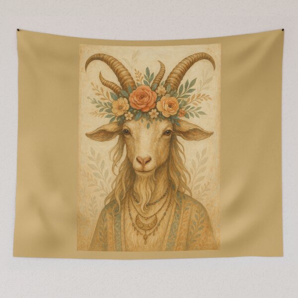Aperçu de l'œuvre Capricorne Chèvre Couronne Florale Vintage Bohème Astrologie Art créée et vendue par Lyvion design.