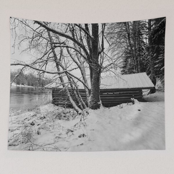 Item preview, Boat house by the lake in the early winter. bw designed and sold by Jouko Lehto Photography.