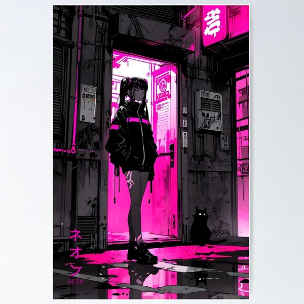 Artikelvorschau, NEON: Monochrome magenta Türrahmenkatze | Niedliches Cyberpunk-Anime-Mädchen entworfen und verkauft von Sytrics.