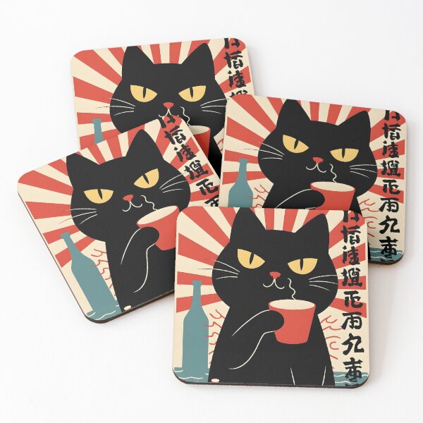 Item preview, Black Cat Drinking Sake – Japanese Ukiyo-e Style Illustration designed and sold by MoonhazeeCo.