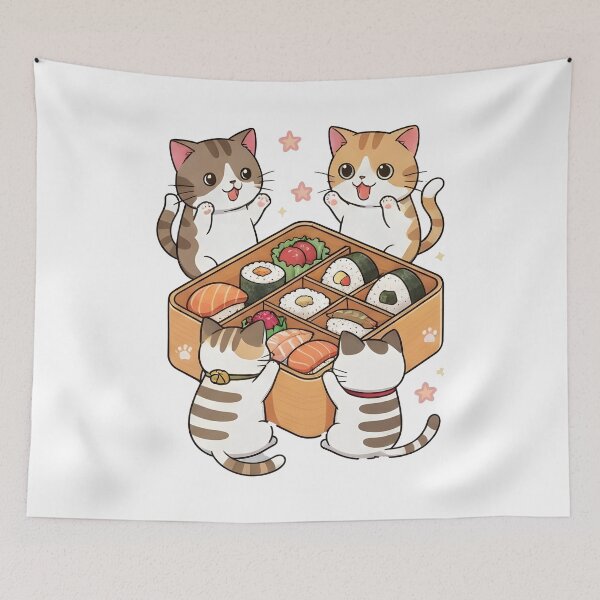 Item preview, cat japan Playful cats surrounding a bento box designed and sold by Uglyandcute.