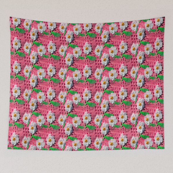 Item preview, Beautiful Artistic Hand Crochet Pink Floral Vintage Hand Crochet White Flowers Pink and White Blossoms Green Floral  designed and sold by Victoria Rose.