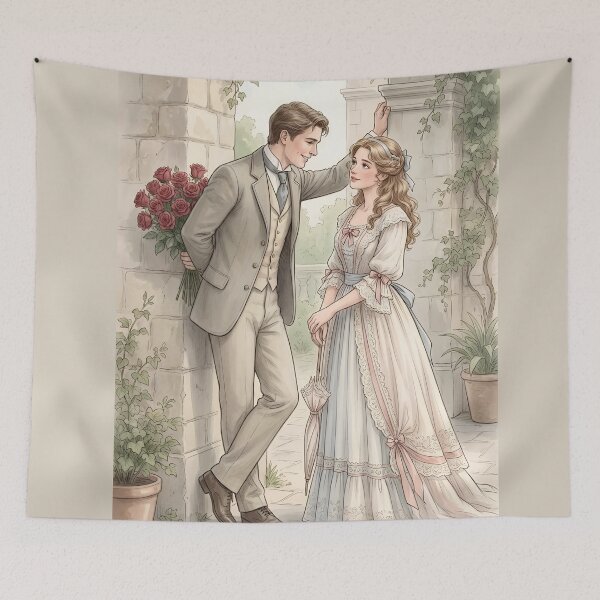 Item preview, Regency Garden Romance - Vintage Watercolor Secret Proposal Art designed and sold by MAGICKEY2024.