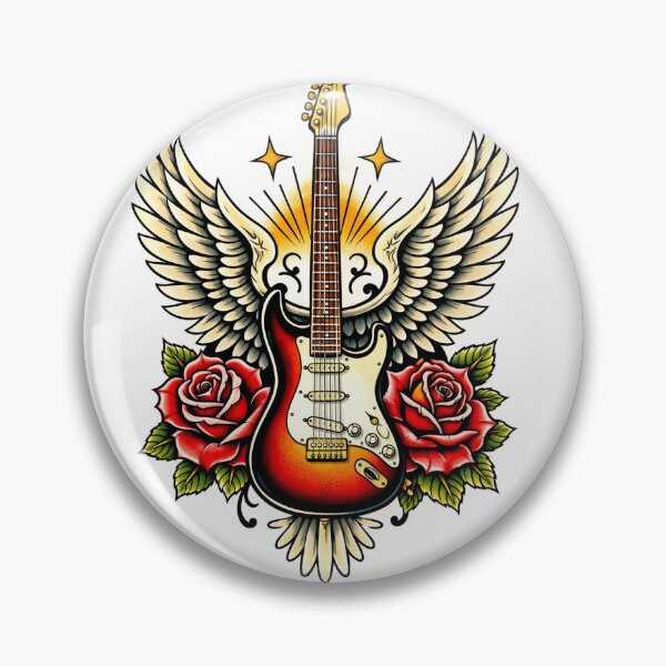 Aperçu de l'œuvre Tatouage old school avec guitare électrique, ailes et roses créée et vendue par creativevandal.