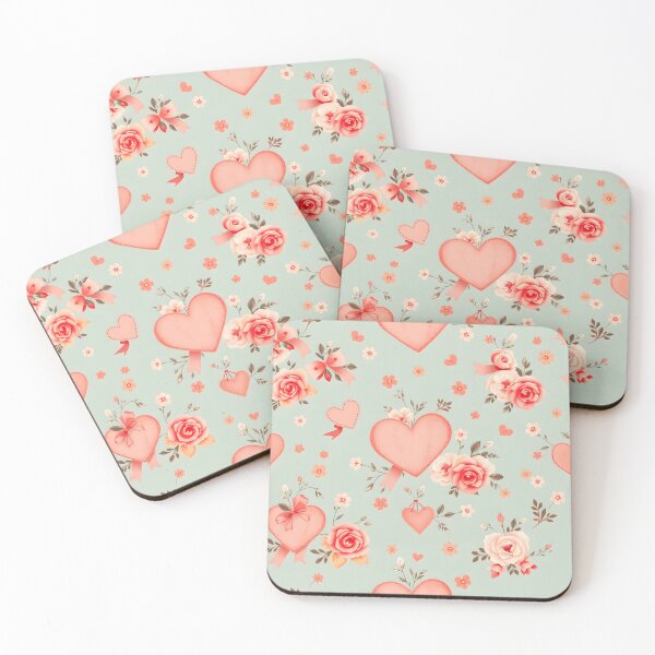 Item preview, Ribbon Hearts and Vintage Roses Pattern - Romantic Valentine Floral Design Mint Coral designed and sold by Amplify-n-Co.