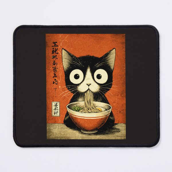 Item preview, Big eyed black cat enjoying Japanese food  designed and sold by obstinator.