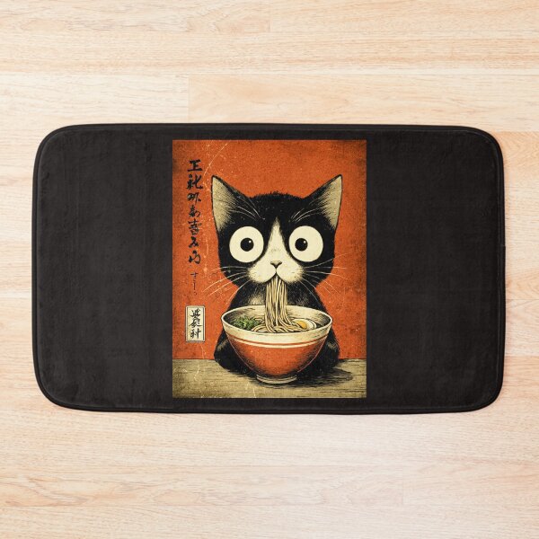 Item preview, Big eyed black cat enjoying Japanese food  designed and sold by obstinator.