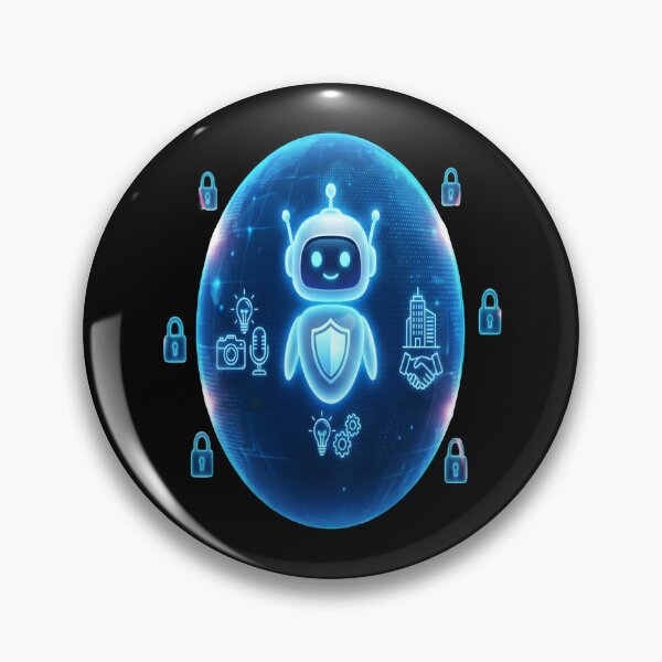 Item preview, Neon AI Security Guardian - Blue Holographic Robot Shield designed and sold by Dakson Design - Fantasy Art.
