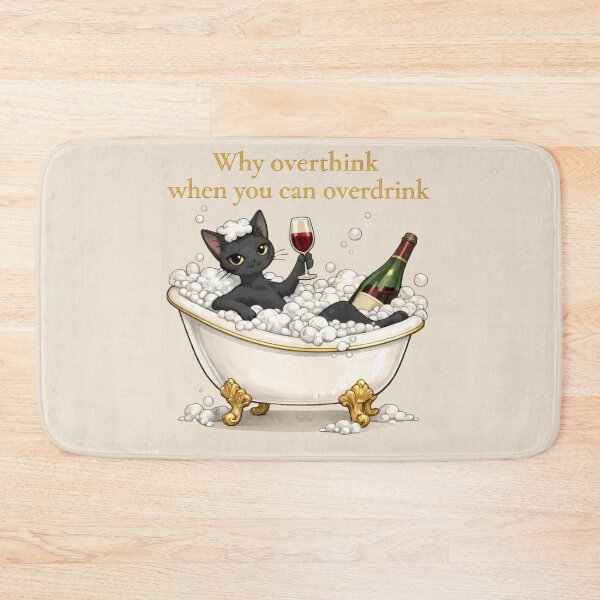 Item preview, Why Overthink When You Can Overdrink – Funny Black Cat Wine Bath Illustration designed and sold by MagicMeow1.