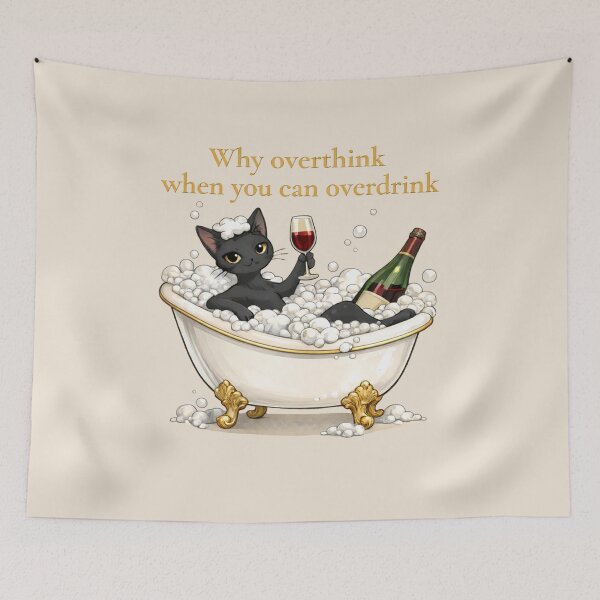 Item preview, Why Overthink When You Can Overdrink – Funny Black Cat Wine Bath Illustration designed and sold by MagicMeow1.
