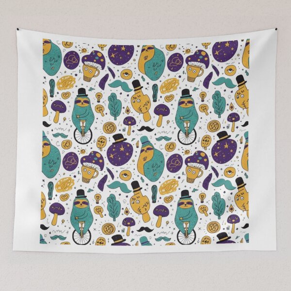 Item preview, Whimsical Sloth and Magic Mushroom Pattern - Quirky Surreal Doodle Art designed and sold by MT-Hub | Art for Every Soul.