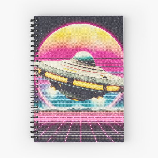Item preview, UFO spacecraft Over Neon Grid – Retro Futuristic Sci-Fi designed and sold by DoodleMoodSpace.