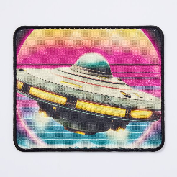 Item preview, UFO spacecraft Over Neon Grid – Retro Futuristic Sci-Fi designed and sold by DoodleMoodSpace.