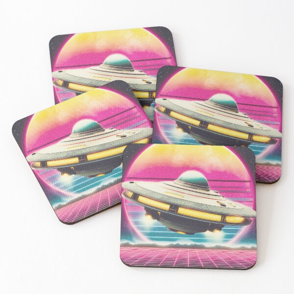 Item preview, UFO spacecraft Over Neon Grid – Retro Futuristic Sci-Fi designed and sold by DoodleMoodSpace.