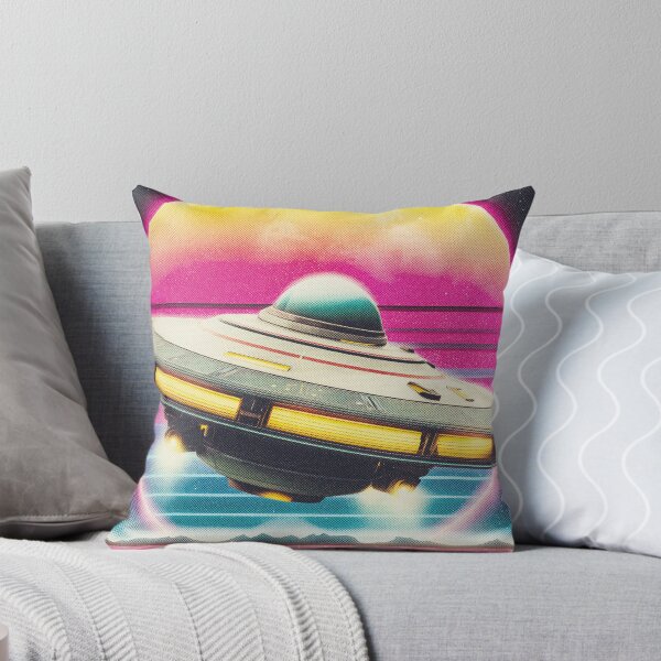 Item preview, UFO spacecraft Over Neon Grid – Retro Futuristic Sci-Fi designed and sold by DoodleMoodSpace.