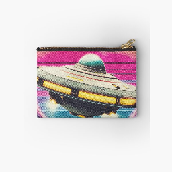 Item preview, UFO spacecraft Over Neon Grid – Retro Futuristic Sci-Fi designed and sold by DoodleMoodSpace.