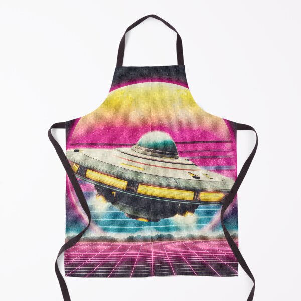 Item preview, UFO spacecraft Over Neon Grid – Retro Futuristic Sci-Fi designed and sold by DoodleMoodSpace.