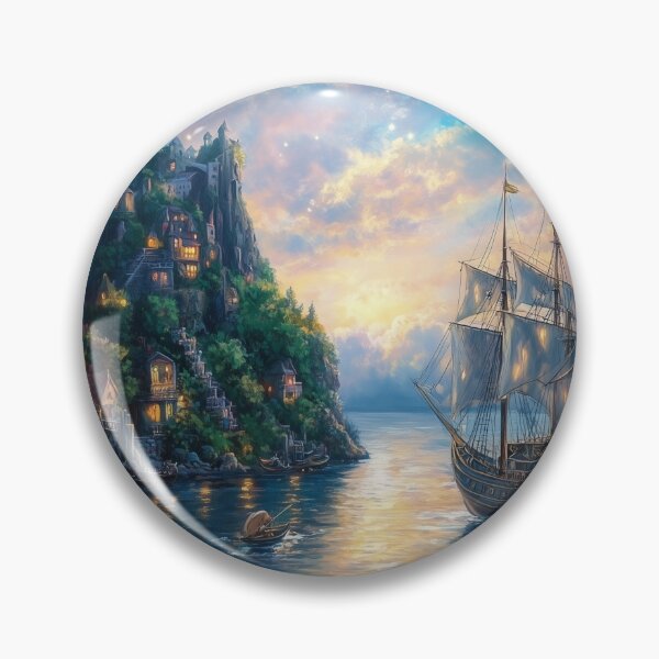 Artikelvorschau, Piratenschiff am Hafen eines mythischen Dorfes – Fantasy-Seefahrer-Illustration entworfen und verkauft von baggycatsworld.