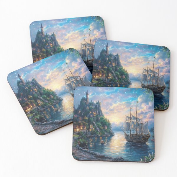 Item preview, Pirate Ship at Mythical Village Dock – Fantasy Seafaring Artwork designed and sold by baggycatsworld.