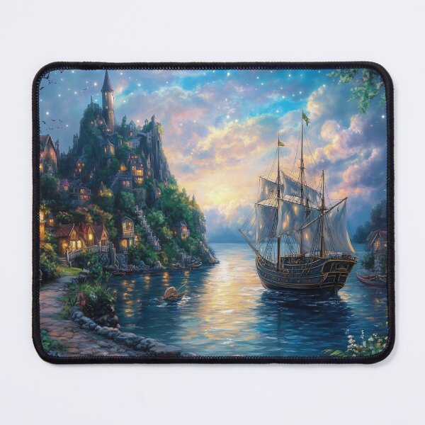 Item preview, Pirate Ship at Mythical Village Dock – Fantasy Seafaring Artwork designed and sold by baggycatsworld.