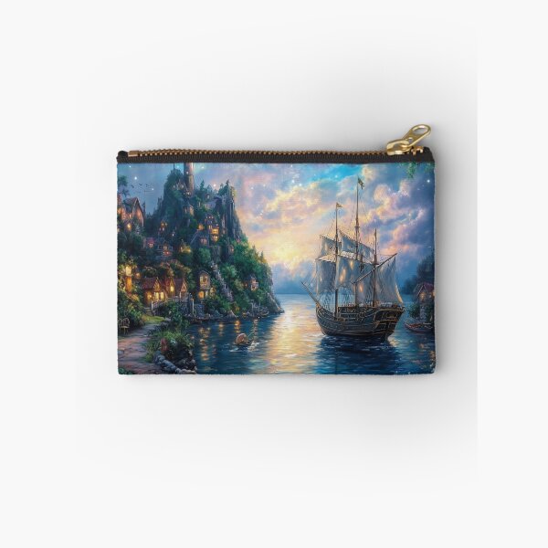 Item preview, Pirate Ship at Mythical Village Dock – Fantasy Seafaring Artwork designed and sold by baggycatsworld.