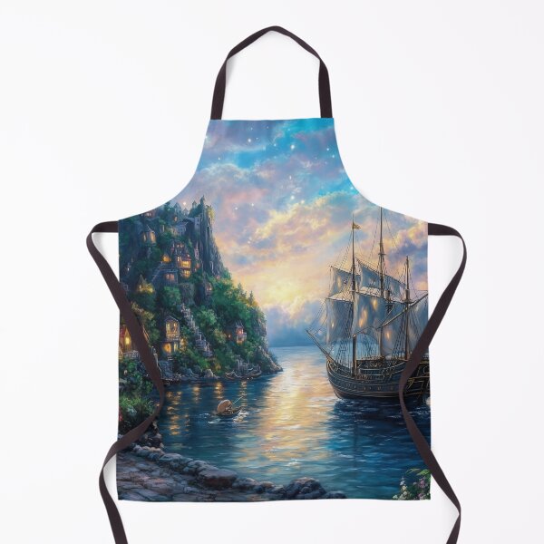 Item preview, Pirate Ship at Mythical Village Dock – Fantasy Seafaring Artwork designed and sold by baggycatsworld.