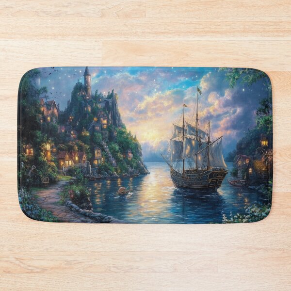 Item preview, Pirate Ship at Mythical Village Dock – Fantasy Seafaring Artwork designed and sold by baggycatsworld.