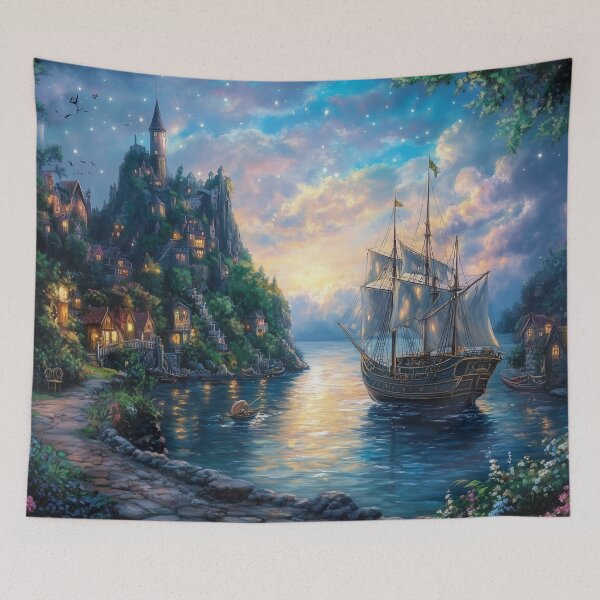 Item preview, Pirate Ship at Mythical Village Dock – Fantasy Seafaring Artwork designed and sold by baggycatsworld.