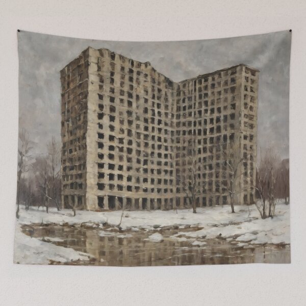Item preview, Abandoned High-Rise Reflected in Winter Water – Urban Decay Wall Art designed and sold by Visualynx.