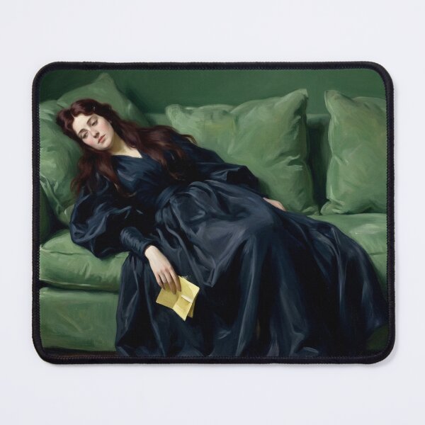 Item preview, Elegant Woman on Green Sofa Portrait Print, Victorian Lady Reclining Wall Art Canvas, Luxe Emerald Bedroom Decor Poster India designed and sold by AbstractAuraArt.