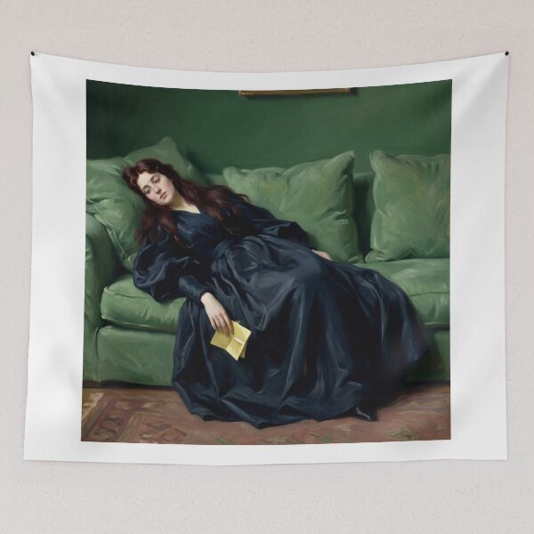Item preview, Elegant Woman on Green Sofa Portrait Print, Victorian Lady Reclining Wall Art Canvas, Luxe Emerald Bedroom Decor Poster India designed and sold by AbstractAuraArt.