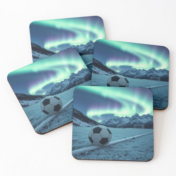 Item preview, Soccer Ball on Icy Goal Line Under Northern Lights designed and sold by HappySproutArt.