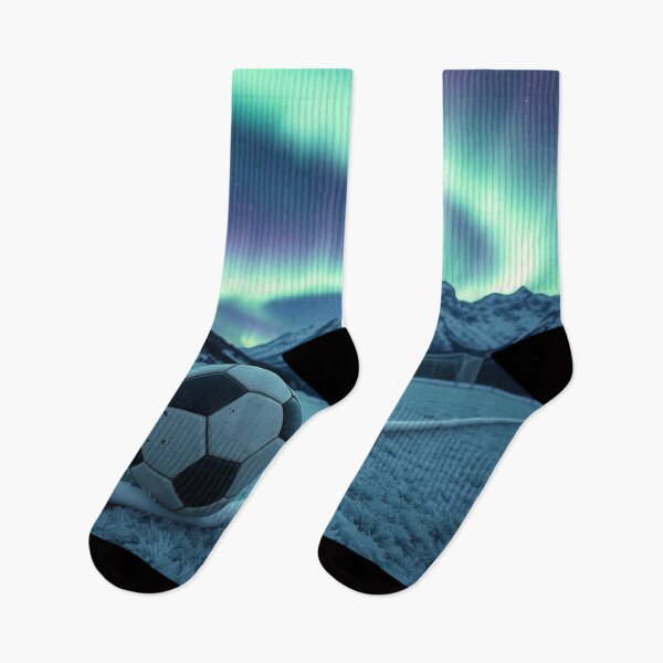 Item preview, Soccer Ball on Icy Goal Line Under Northern Lights designed and sold by HappySproutArt.