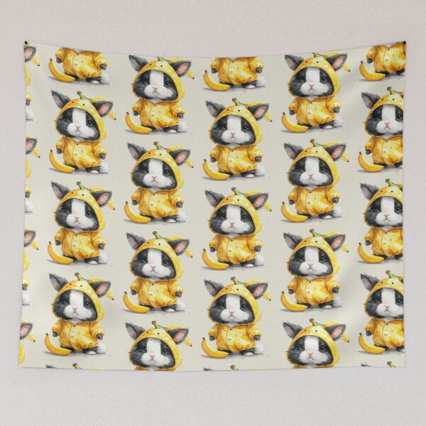Item preview, Black and white lionhead rabbit in a banana costume designed and sold by LiskoDesign.