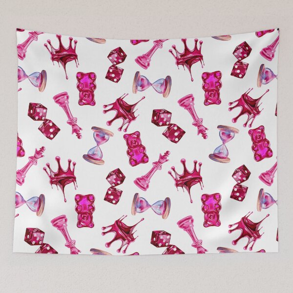 Item preview, Seamless pattern for Valentine's Day in pink, Crown, dice, sand timer, jelly bag, chess queen designed and sold by Nastasiakhmnk.